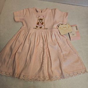 New Soft Pink 3D Embroidered Teddy Bear Girls Baby Infant Dress Flower Lace